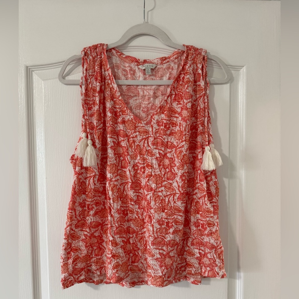 Lucky Brand Orange Red Paisley Floral Sleeveless Top with Tassle Detail